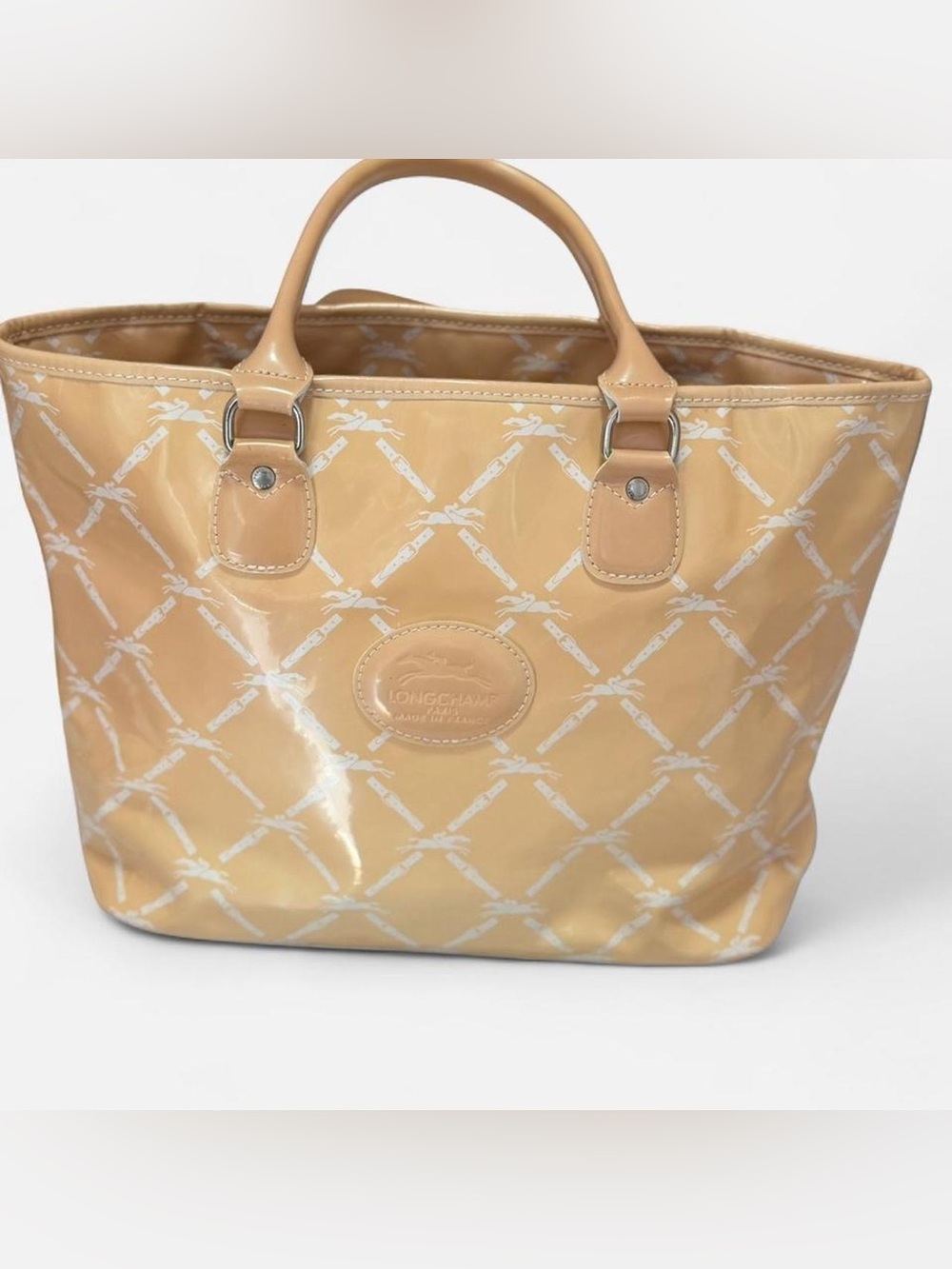 Vintage Longchamp Pattern Leather Tote Bag, Beige Monogram Design, Y2K Style